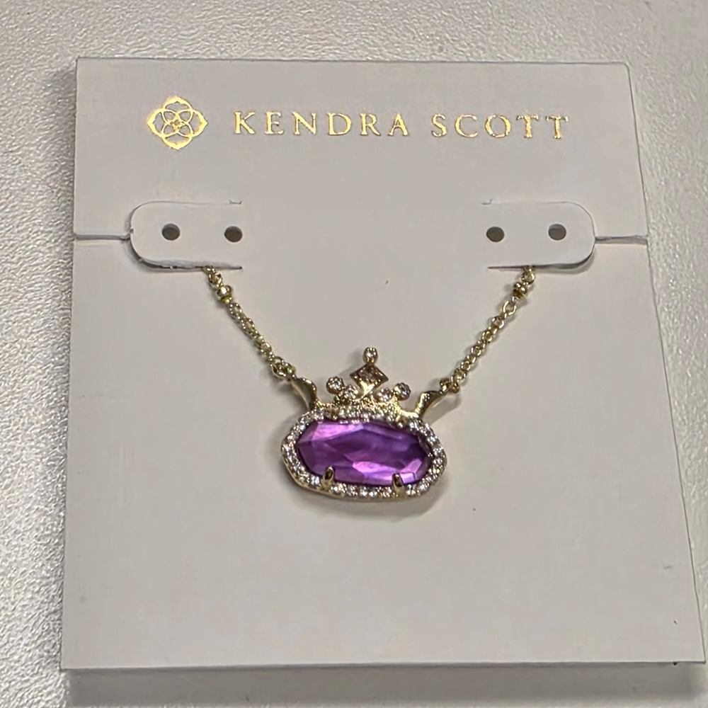 Kendra Scott Gold Tone Purple Stone Crown Pendant Necklace Pavé Crystal Halo